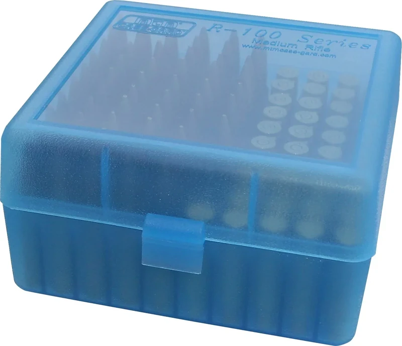 MTM Case-Gard RM-100-24 Rifle Ammo Box 100 Round 220 Swift 243 308 Win 6.5 Creedmoor 6.8x51, USA Made, Clear Blue