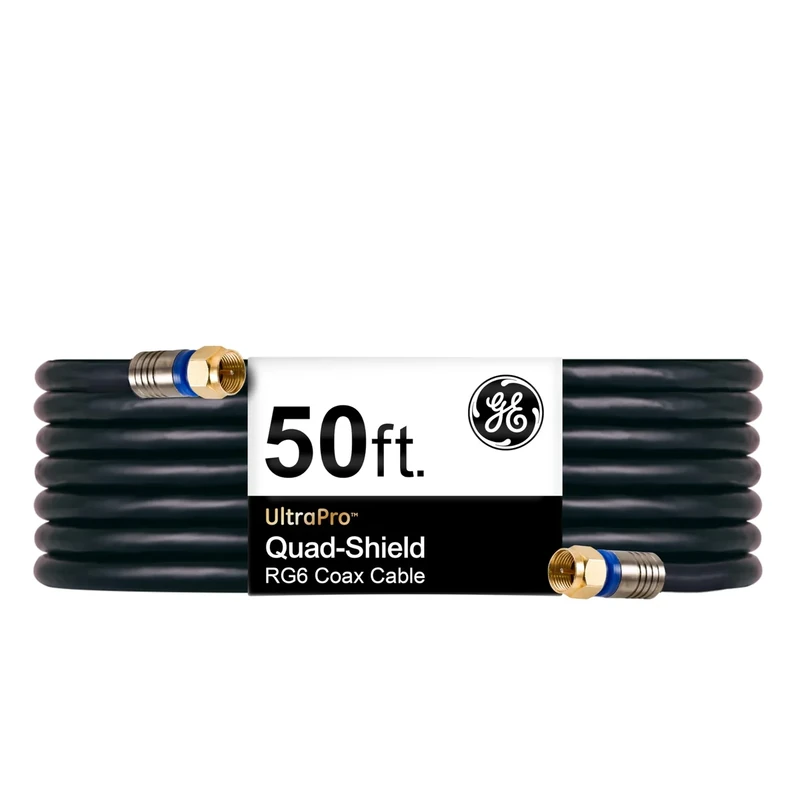 GE RG6 Quad-Shield Coax Cable 50 ft - F-Type Connectors, In-Wall