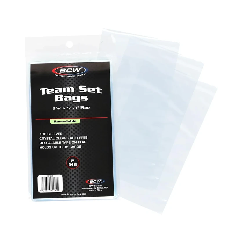 BCW Resealable Team Set Bags – 100 Count | Holds 35 Loose Cards or 5 Standard 35pt Toploaders | Fits Magnetics up to 108pt | Acid-Free Team Bags for Trading Cards & Shipping