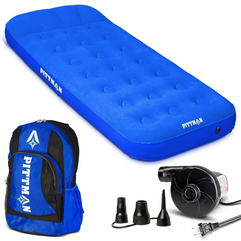 Pittman Outdoors - Kids Air Mattress - Blue Deluxe Blow up Twin Air Mattress for Kids - Inflatable Mattress Includes Electric Pump, Patch Kit & Color Matching Travel Backpack