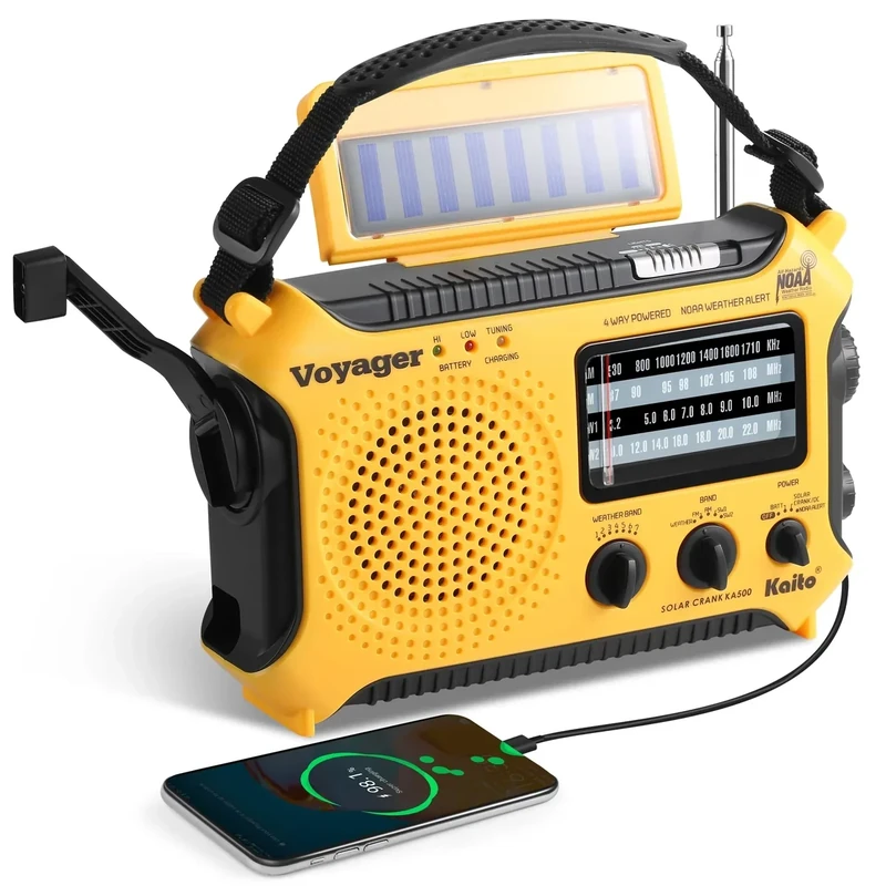 Kaito KA500 5-Way Emergency Radio - Solar, Crank, USB Charger Yellow