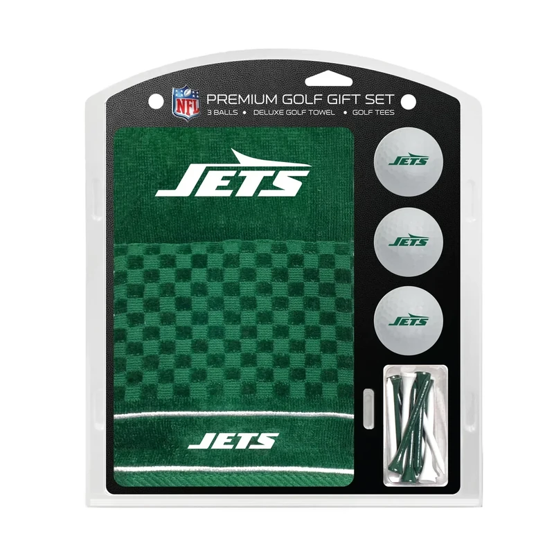 Team Golf NFL New York Jets Gift Set: Embroidered Golf Towel, 3 Golf Balls, and 14 Golf Tees 2-3/4" Regulation, Tri-Fold Towel 16" x 22" & 100% Cotton