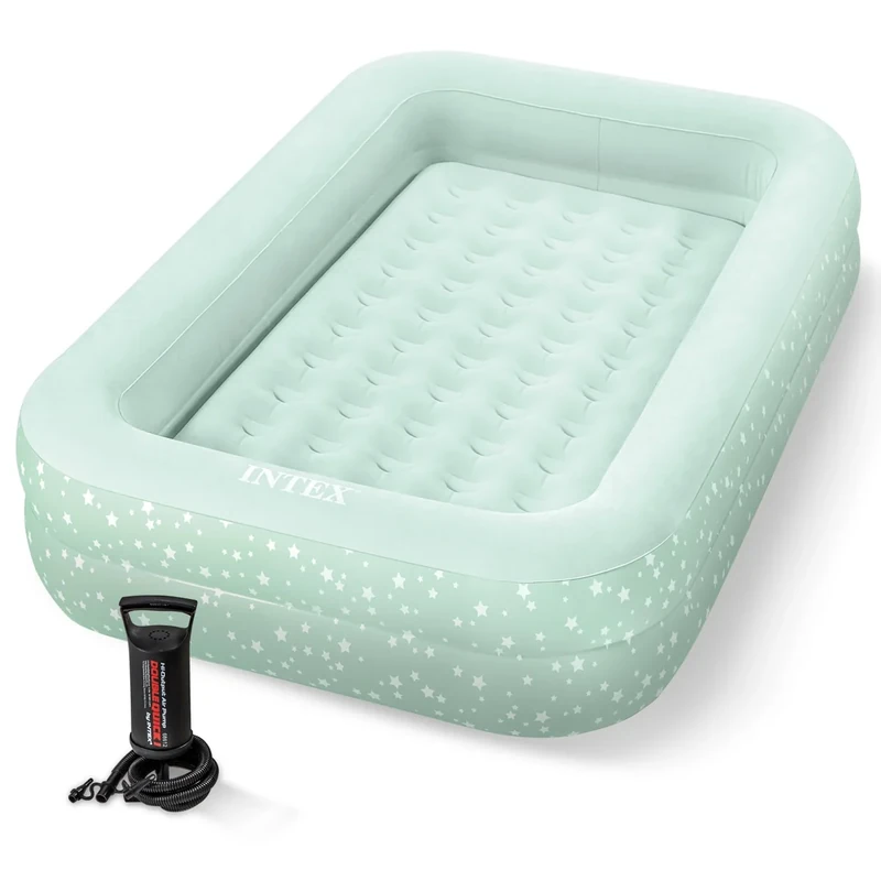 Intex Kids Travel Air Mattress Inflatable Bed with Raised Sides and Hand Pump - Portable Blow-Up Toddler Traveler Bed for Children's Naps or Sleep
