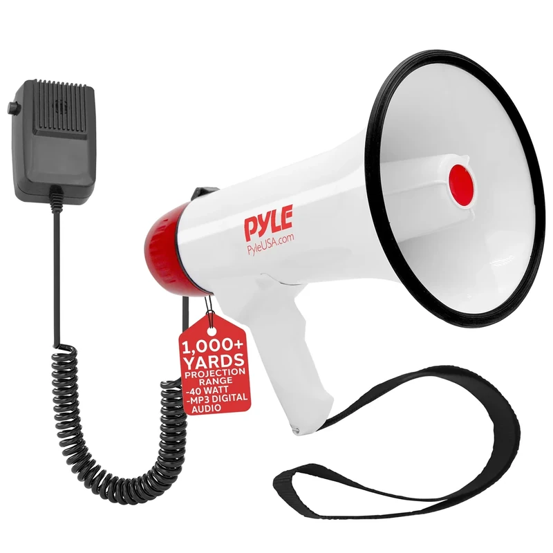 Pyle Megaphone Speaker PA Bullhorn - with Built-in Siren Rechargeable Battery, Auxiliary Jack 40 Watts & 1000 Yard Range - Record Function Ideal for Football, Baseball, Basketball Cheerleading Fans and Coaches or for Safety Drills - PMP48IR
