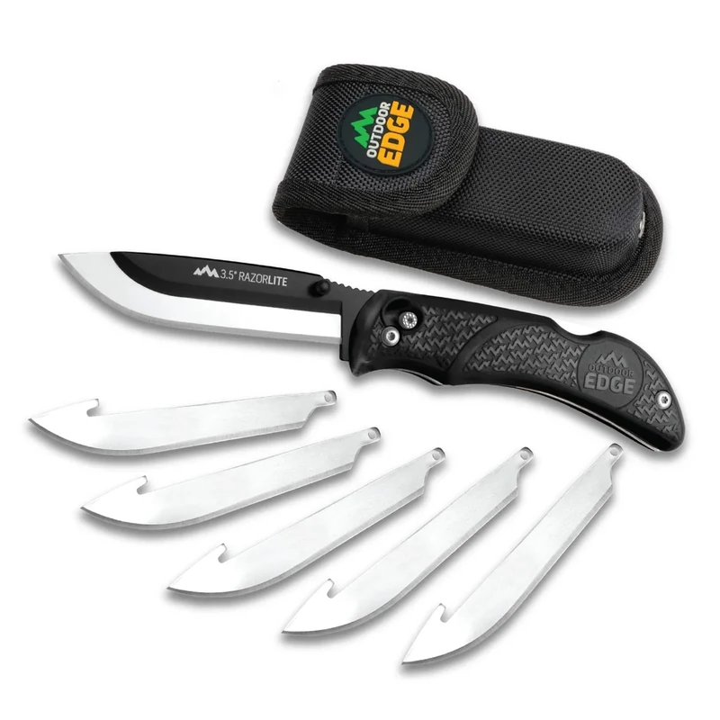 OUTDOOR EDGE Razor Pro L Hunting Knife | Replaceable Blade Folding Knife with 6 Razor Sharp Drop-Point Blades | Black Handle, Belt Holster & Field Dressing Blade for Elk & Deer Hunting