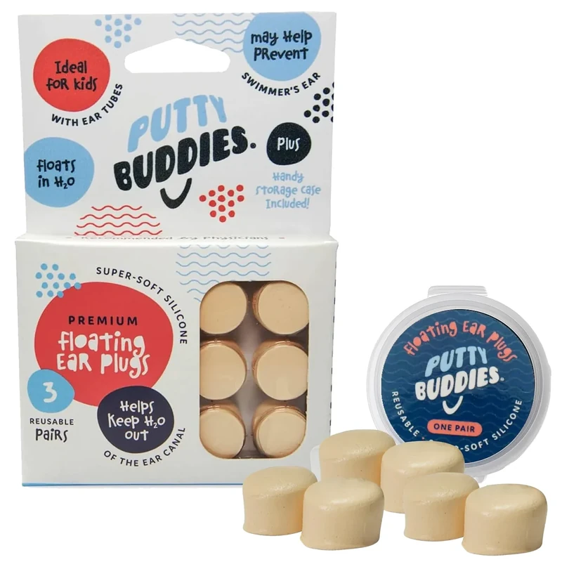 Earvolution Floating Putty Buddies Swim Earplugs - Doctor-Invented, Made in USA, Moldable Premium Silicone Plugs Help Prevent Swimmer's Ear, 3 Pair Pack - Tan