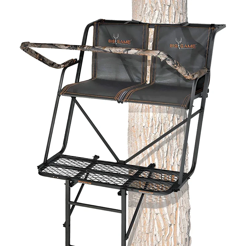BIG GAME 2-Person Ladder Tree Stand for Hunting Deer with Seat, 16' Tall, Camo/Black - Adjustable Climbing Treestand with Platform and Safety Harness for Shooting