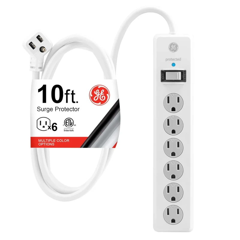 GE 6-Outlet Surge Protector with 10ft Cord - 800J, Twist-Cover, White