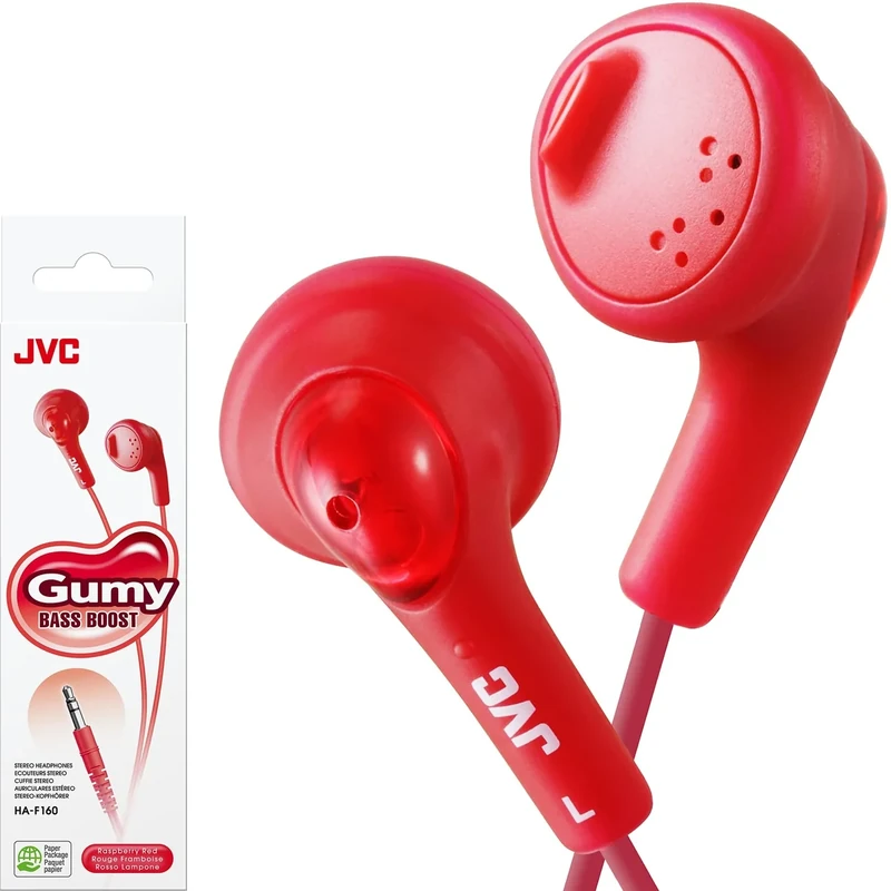 JVC HAF160R Gumy Earbuds - Red, Wired Bass Boost, Tangle-Free Cord