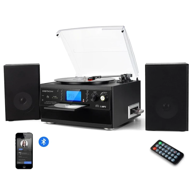 DIGITNOW Bluetooth Turntable with Stereo Speakers, CD & MP3 USB/SD