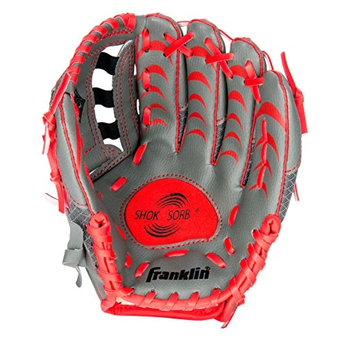 Franklin Sports Teeball Infinite Web/Shok-Sorb Combo Series Fielding Right Hand Glove, 10.5-Inch, Graphite/Red