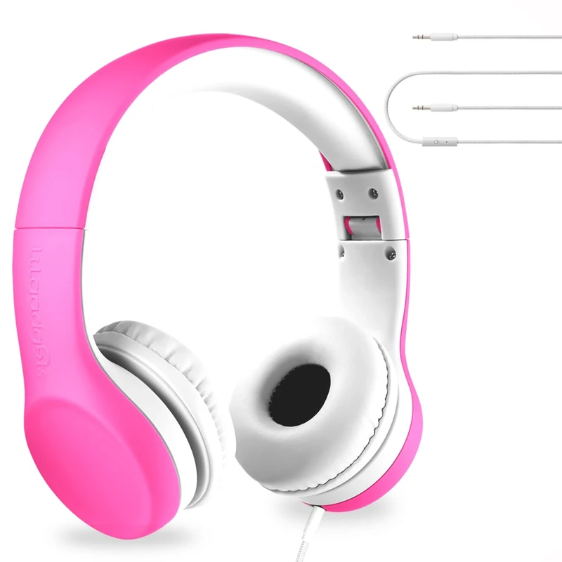 LilGadgets Connect+ Foldable Headphones, Adjustable Fit Soft Touch Padding for Kids with Mic, Volume-Limited & Noise Reduction On-Ear Wired Headset for School with SharePort - Pink, Ages 3-14
