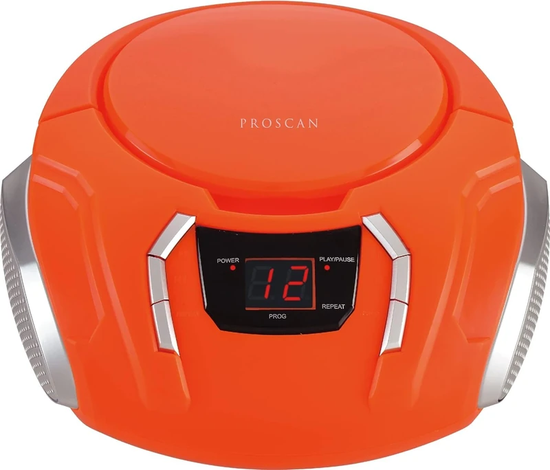 PROSCAN ELITE Portable CD Player Boombox with AM/FM Radio + Built in Speakers + Aux Input to Phone/Headphones/Any Audio - CD Players for Home Using AC Adapter or C Batteries (Orange)