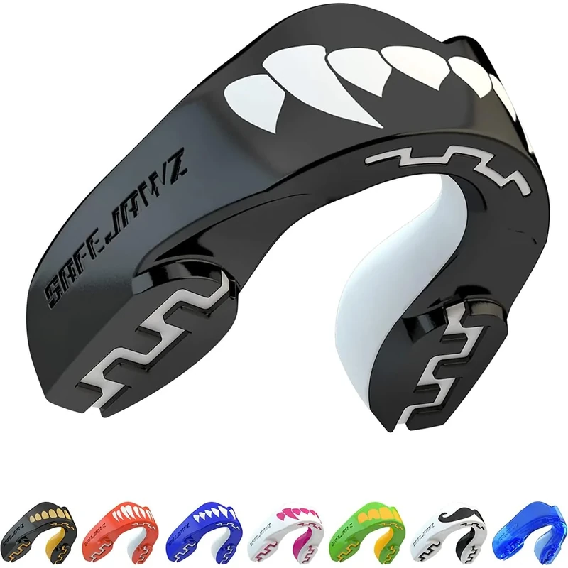 SAFEJAWZ Mouth Guard, Dual Layer Mouthguard for Adults with Case, Easy Fit Remoldable Mouthpiece for Football, Boxing, Lacrosse, MMA, Basketball & All Contact Sports (Adult 12+ Years, Black Fangz)