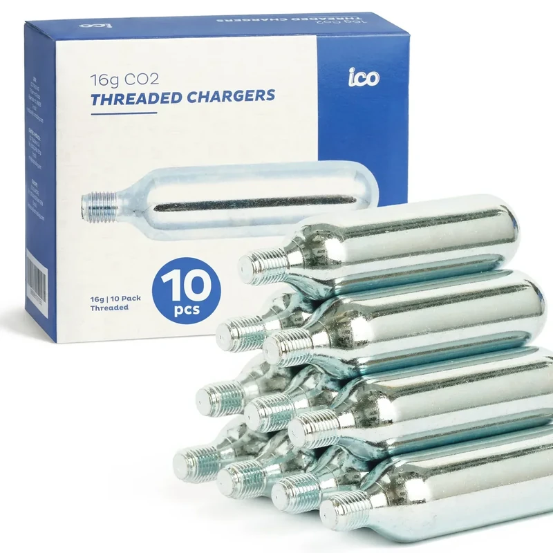 ICO CO2, 10pcs, 16g Threaded CO2 Cartridges, CO2 Cartridges for Use with CO2 Bike Tire Inflator, C02 Cartridges for MTB & Road Bikes, Food Grade CO2