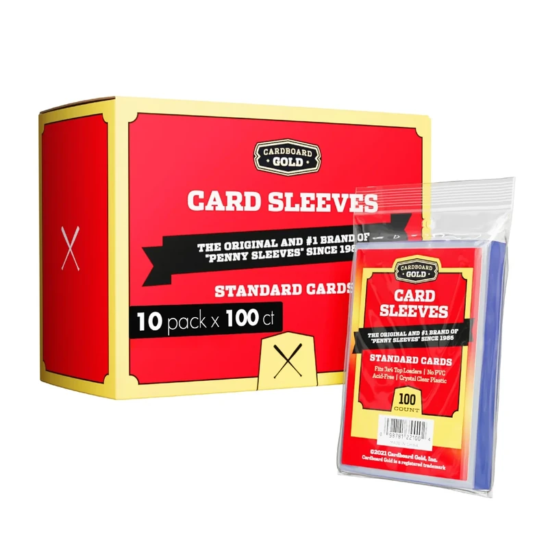 Cardboard Gold Penny Sleeves for Trading Cards - 1000 Count Card Protector Sleeves with Durable, Crystal-Clear Plastic for Baseball, Sports, Collector, Standard-Sized Cards 2-5/8” x 3-5/8” (67x94mm)
