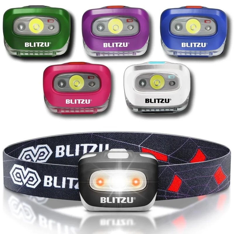 BLITZU LED Headlamp Flashlight for Adults & Kids, Lightweight, Waterproof Head Lamp with White & Red Light, Comfortable Headband, Perfect for Running, Camping, Hiking, 3 AAA Batteries Included, Black