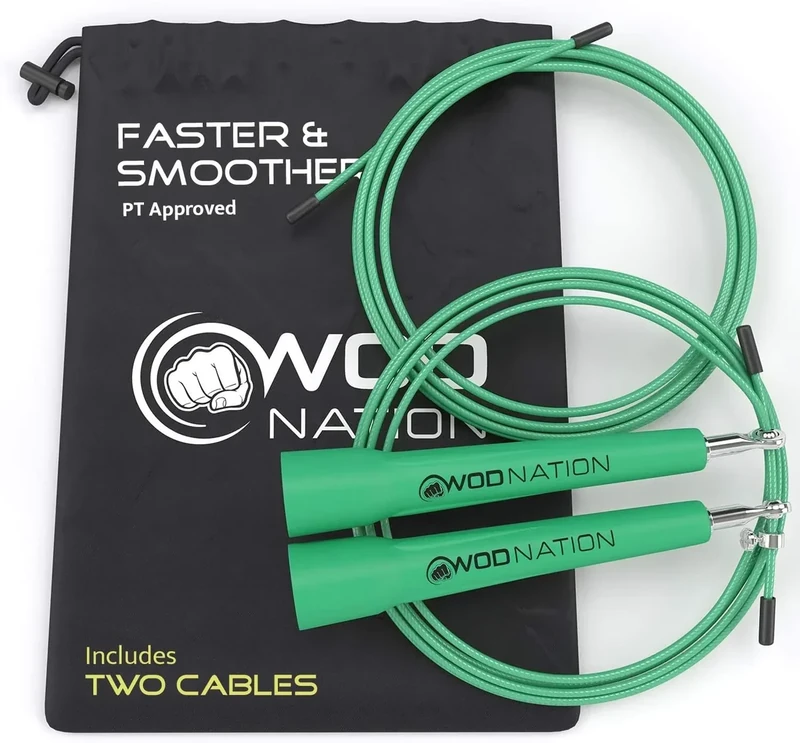 WOD Nation Adjustable Speed Jump Rope - Custom Length for Home Gym Equipment - Speed Rope for Double Unders & Cardio Exercise - Versatile for Boxing, MMA & Home Gym Accessories - Green Steel