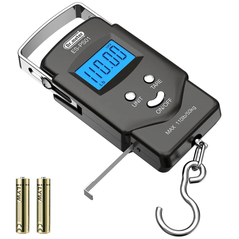 Dr.meter Fish Scale Luggage Scale Fishing Gear - 110lb/50kg Backlit LCD Display Digital Scale with Built-in Measuring Tape - Fishing Scale with 2 AAA Batteries, Pocket Size - Fishing Gifts for Men