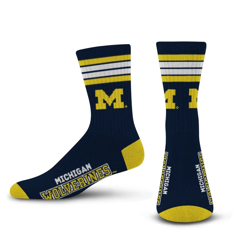 For Bare Feet NCAA Michigan Wolverines 4 Stripe Deuce Crew Sock Team Color LARGE