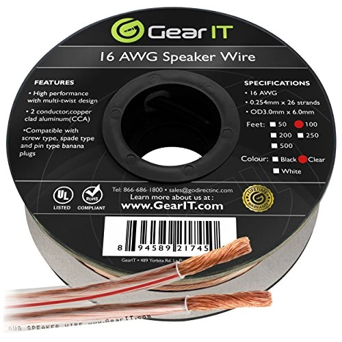 16AWG Speaker Wire, GearIT Pro Series 16 Gauge Speaker Wire Cable (100 Feet / 30.48 Meters) Great Use for Home Theater Speakers and Car Speakers, Clear