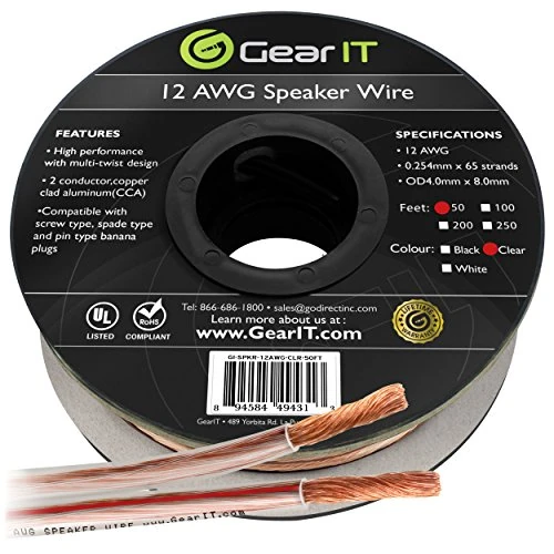 12AWG Speaker Wire, GearIT Pro Series 12 AWG Gauge Speaker Wire Cable (50 Feet / 15.24 Meters) Great Use for Home Theater Speakers and Car Speakers Clear