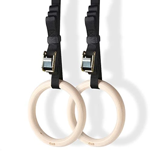 GHB Gymnastic Rings Wooden Gym Rings 1.25" Olympic Rings Adjustable Straps Pull Up Rings Sets for Workout Bodyweight Fitness Training 28mm 32mm (28mm Rings & Straps)