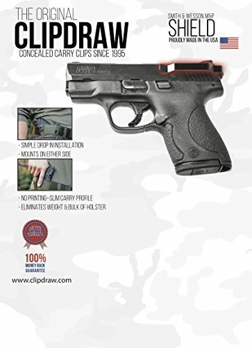 Clipdraw Ambidextrous Concealed Gun Belt Clip for Smith and Wesson M and P Shield 9MM 40 and 45 Caliber Black (9MM & .40 Caliber)