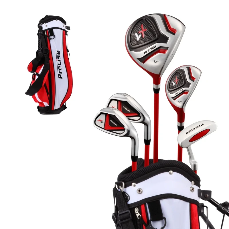 Precise X7 Kids Golf Clubs Set – Boys’ & Girls’ Junior Golf Set with Lightweight Graphite Shafts, Hybrid, Putter & Stand Bag - Red Ages 6-8 – Left-Handed