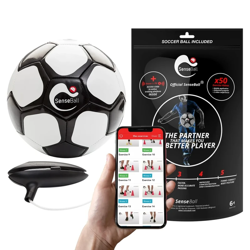 SenseBall Smart Soccer Ball Sensor with Improved App - Size 3, White/Black/Red - 50 Video Drills & Soccer Training Ball App - Improved Control & Smart Trainer