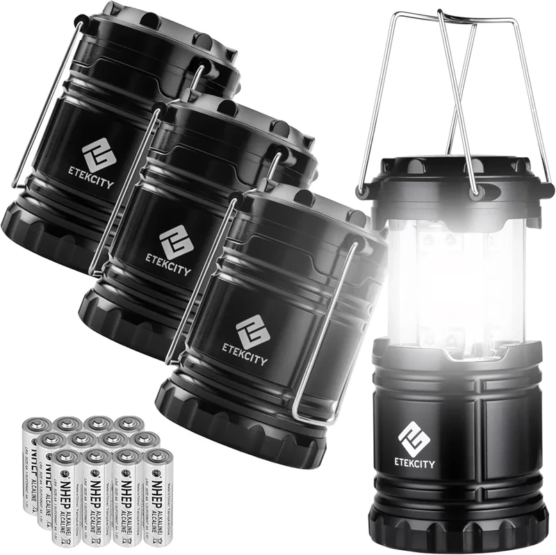 Etekcity Camping Lanterns for Power Outages 4 Pack, Flashlight for Camping Essentials, Survival Kit and Gear, Hurricane Preparedness Items, Emergency Led Battery Operated Lights, Black