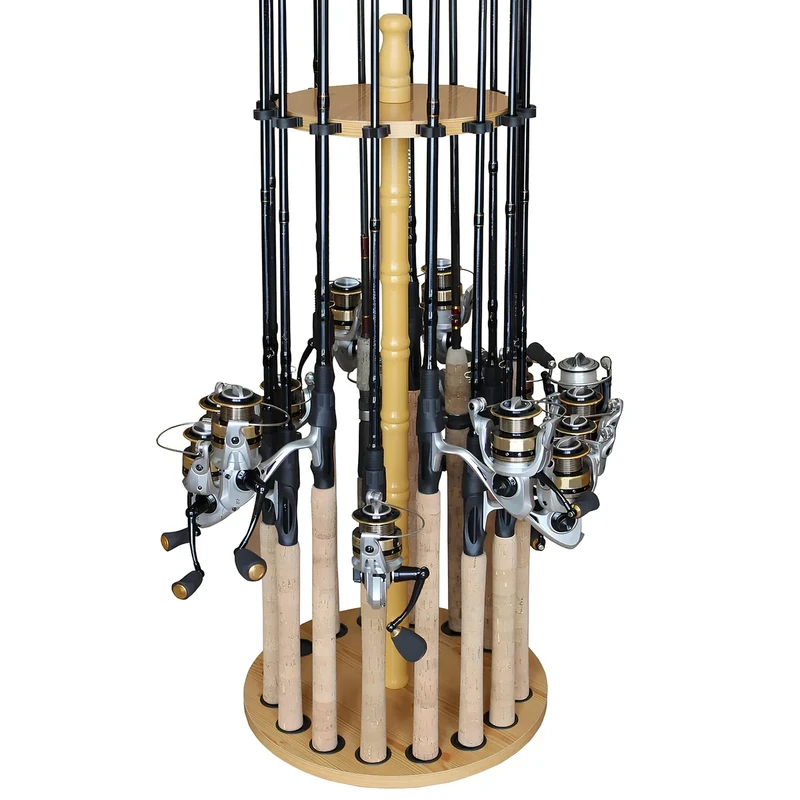 Rush Creek Creations Round 16 Fishing Rod Storage Rack - Features Traditional Handcrafted Wood Post - No Tool Assembly, Wood Grain Laminate