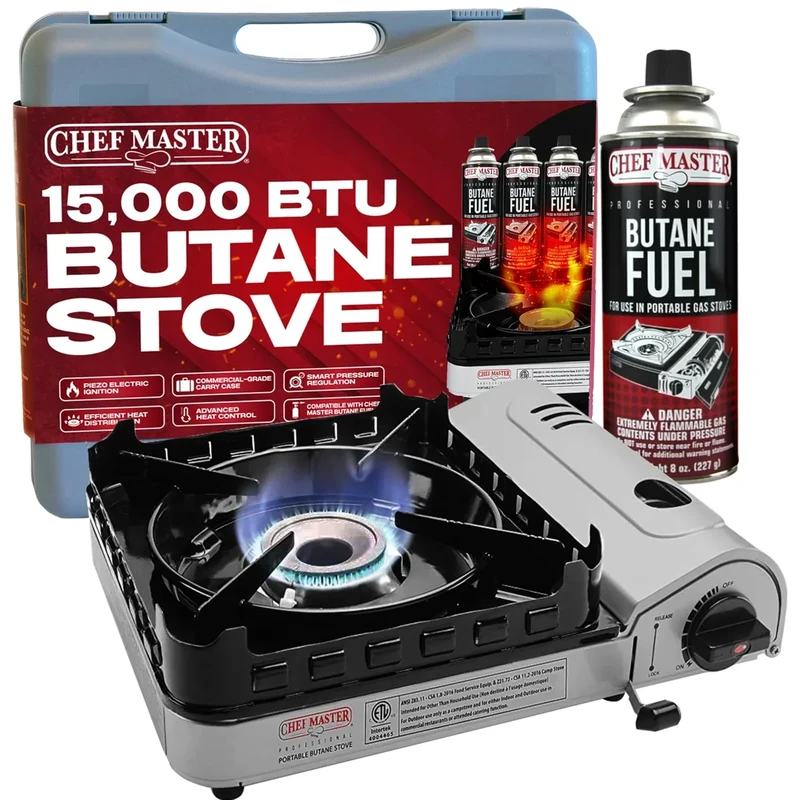 Chef Master 15,000 BTU Butane Portable Camp Stove | Double Wind-Guard Portable Stove Burner w/Piezo Click Ignition for Emergencies, Tailgating, Hiking, Backpacking & Camping Essentials - 90019