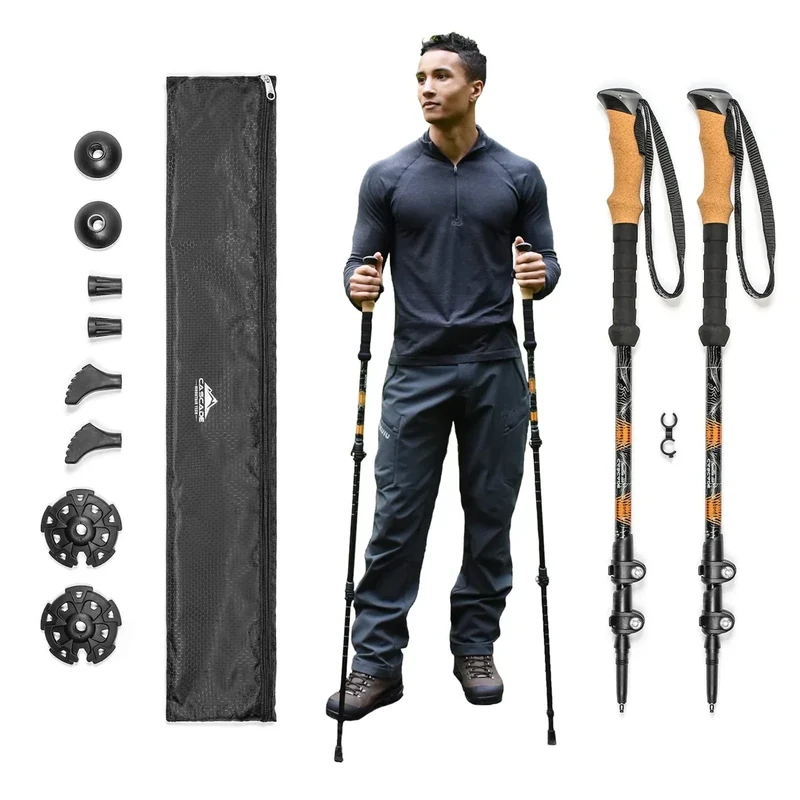 Cascade Mountain Tech Trekking Poles, Shaft Material: Aircraft- grade 6061 Aluminum with Adjustable Locks Expandable to 54" (Set of 2), Cork Grip, Orange, Extended Grip Material: EVA