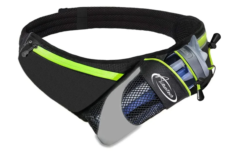 AiRunTech Upgraded No Bounce Hydration Belt Can be Cut to Size Design Strap for Any Hips for Men Women Running Belt with Water Bottle Holder with Large Pocket Fits Most Smartphones(Green)