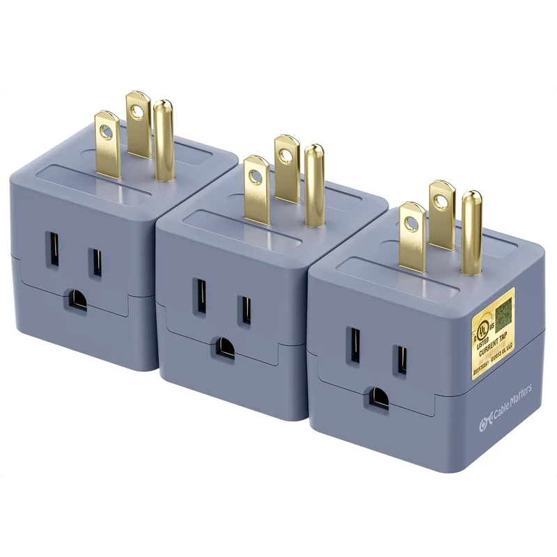 Cable Matters [UL Listed] 3-Pack 3 Outlet Wall Adapter (Grounded Cube Tap, Outlet Splitter, 3 Way Plug Adapter, 3-Prong Power Splitter), Gray