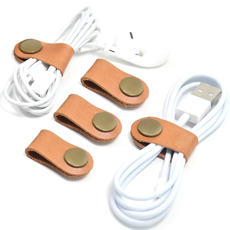 CAILLU Leather Cord Organizer - 5 Pack Cable Straps & Earbud Keeper