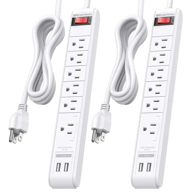 [ETL Listed] Cable Matters 2-Pack 6-Outlet Surge Protector Power Strip with USB Ports - 8ft, Long Extension Cord, Surge Protector with USB Ports, White