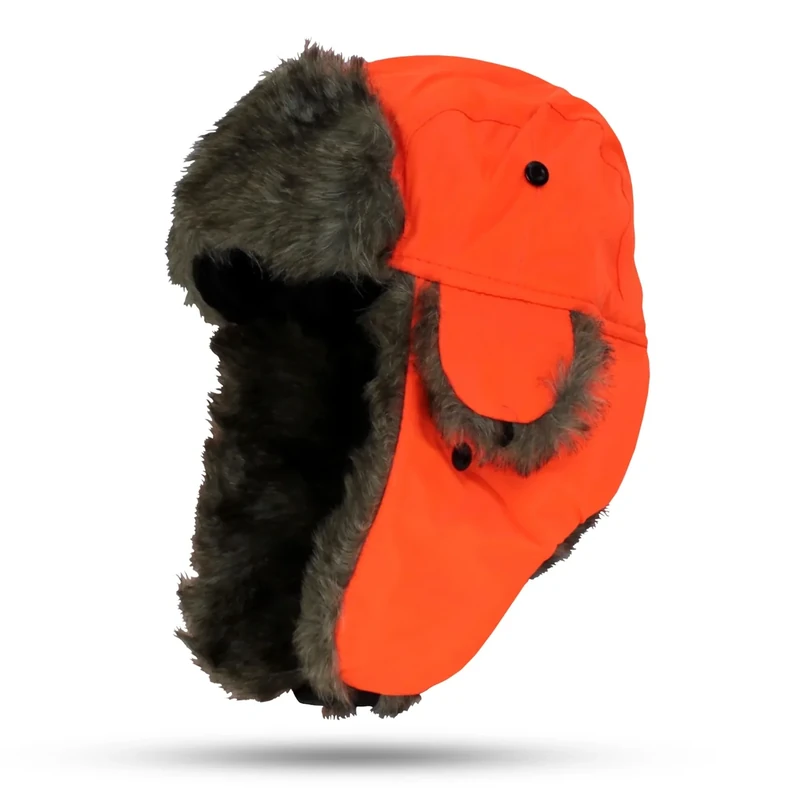 Iconikal Men's Trapper Winter Hat Hunter Blaze Orange Faux Fur Lined Ear Flap Quick Release Buckle Warm Hunting Cap One Size Fits Most Adults