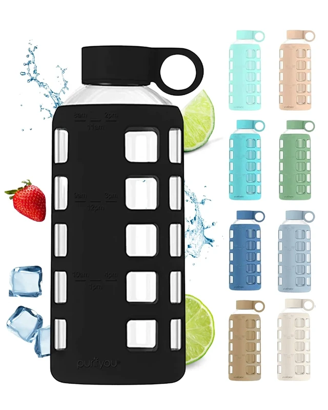purifyou 40/32/22/12 oz Glass Water Bottles, Reusable with Time & Volume Markings, Non-Slip Silicone Sleeve, Stainless Steel Lid, for Water, Milk & Juice (22oz CharcoalGray)