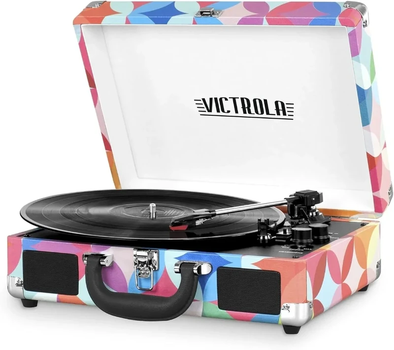 Victrola Journey Bluetooth Portable Suitcase Record Player – with Built-in Speakers, 3 Speed Vinyl Record Player, RCA Out, Headphone Jack (GEO)