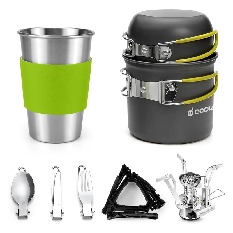 Odoland Camping Cookware Stove Carabiner Canister Stand Tripod and Stainless Steel Cup, Tank Bracket, Fork Spoon Kit for Backpacking, Outdoor Camping Hiking and Picnic,Green