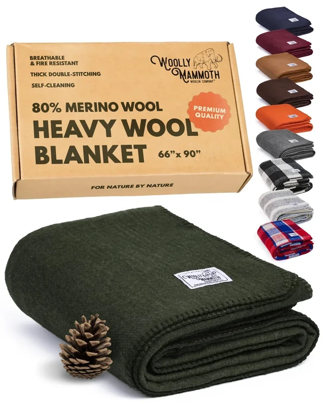 Woolly Mammoth Woolen Company Merino Wool Blanket - 80% Merino Wool - Camping Blankets for Cold Weather - Mositure-Wicking for Overlanding, Hunting, Emergency Kits, Bushcraft (66" x 90" Moss)