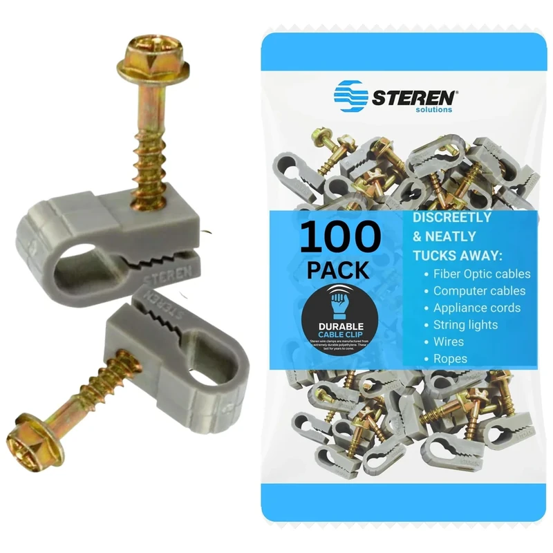 STEREN Coaxial Cable Clips - Cable Holder - Wire Clips - Siding Clips for Hanging - Cord Holder for Desk - Cable Clamps (Gray, 100 Count - Single Screw)