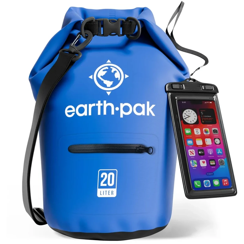 Earth Pak Waterproof Dry Bag with Zippered Pocket - Waterproof Dry Bag Backpack Keeps Gear Dry for Boating, Camping, Fishing, Beach Drybag, Kayak Accessories - Dry Bags Waterproof with Phone Case 20L