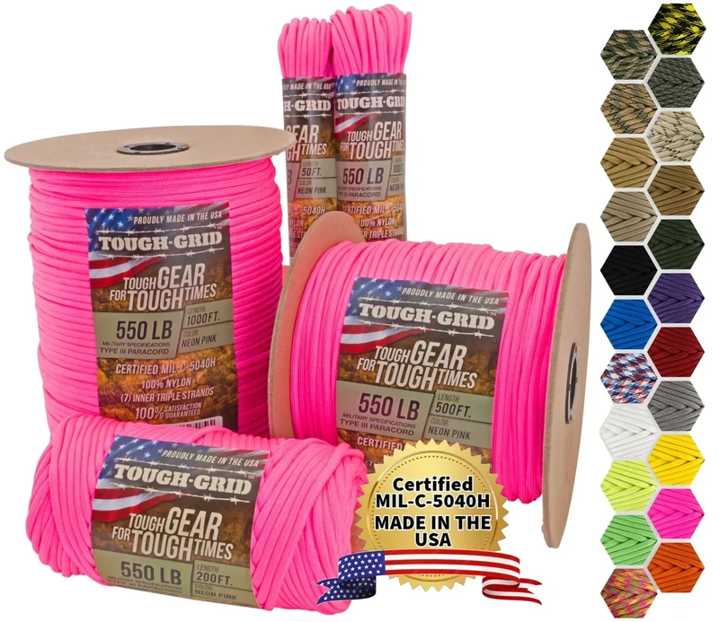 TOUGH-GRID 550 Paracord, Type III Mil-Spec Nylon Rope - 200 Ft Neon Pink Tactical Survival Cord