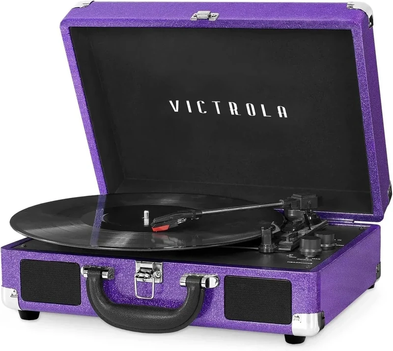 Victrola Journey Bluetooth Portable Suitcase Record Player – with Built-in Speakers, 3 Speed Vinyl Record Player, RCA Out, Headphone Jack (Purple Glitter)