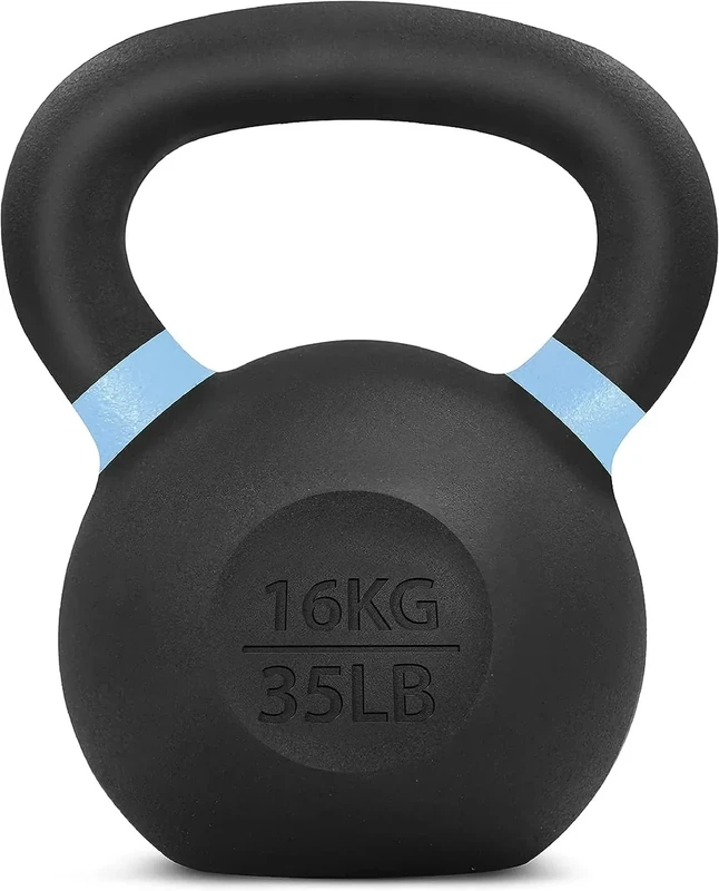Yes4All Powder Coated Kettlebell, 35 lb Cast Iron Core Kettlebells with Non-Slip Handle & Flat Bottom for Conditioning, Heavy Duty for Strength Training - Single, Light Blue