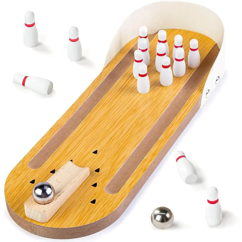 3 otters Mini Bowling Game Set for Kids & Adults, Indoor Wooden Tabletop Bowling Game Board Games for Multiple Players, Desk Toys Gag Gifts, Shooting Games for Office Stress Relief