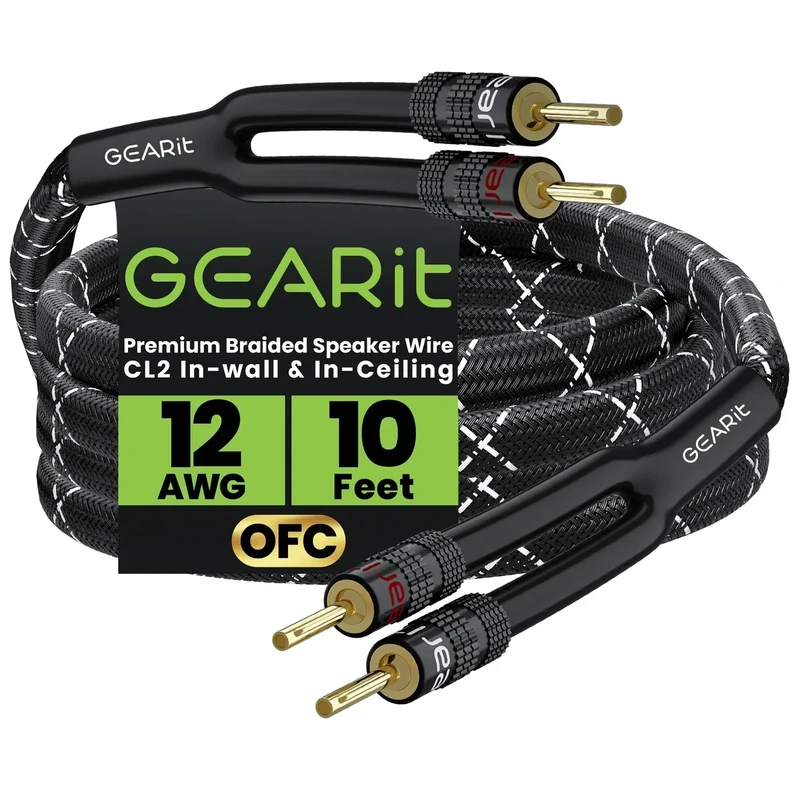 GearIT 12AWG Speaker Cable 10ft - Banana Plugs, CL2 In-Wall, Braided